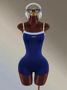 Amplova Contrast Color Striped Backless Spaghetti Strap Sports Romper Shorts - Navy Blue - View 8
