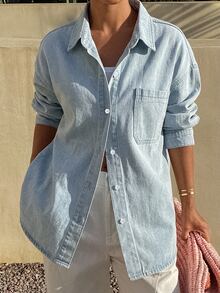 Livesso Women's Loose Fit Long Sleeve Cotton Denim Shirt With Collar - Light Wash - View 5