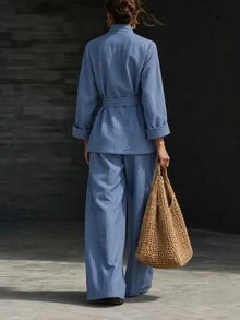 LUMIGAL Setelan 2 Potong Atasan Biru Efek Denim Wanita + Celana Panjang Biru Lurus - Biru - View 2