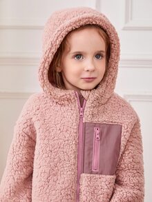 Cozy Pixies 女童厚實泡泡抓絨撞色連帽長袖開襟外套 - 淺粉色 - 查看 4