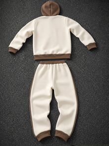 SHEIN 男童秋季新款 2 件套，拼色連帽拉鍊抓絨衛衣，極簡印花拉鍊夾克，休閒日常出遊錐形長褲，百搭秋季日常穿著與上學套裝 - 杏色 - 查看 2