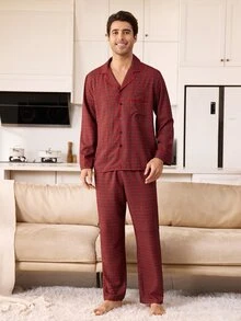 CoupledUp Men's Couple Red Plaid Long Sleeve Pants Pajama Set 2pcs - Red - View 4