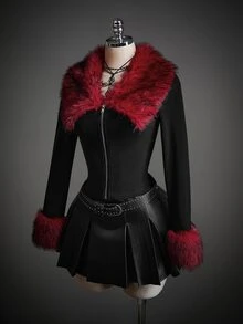 SHEIN ICON 女款毛領長袖前拉鍊時尚夾克 - 黑色 - 查看 10