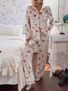 CottageSlumber Women's Cherry Bow Pattern Velvet Front Button Opening Patch Pocket Long Sleeve Pants Pajama Set - Red - View 2