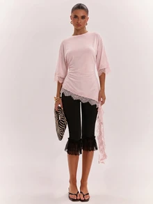 SHEIN BAE Women's Solid Color Round Neck Contrast Lace Asymmetric Hem Fashion Top - Coral Pink - View 1