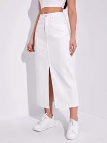 SHEIN ICON Casual Versatile Solid Color Split Hem Denim Skirt - White - View 4
