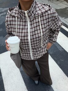 Muchica 秋冬新款休閒復古棕色格紋拉鍊連帽短夾克，適合日常外出、街頭穿搭、返校季、秋季穿搭、街頭風、休閒、深冬、萬聖節、派對、聖誕節、新年、感恩節、婚禮、畢業典禮、優雅場合、滑雪等 - 彩色 - 查看 1