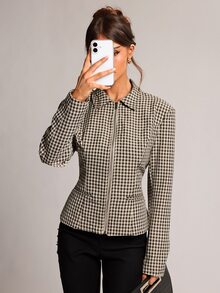 SHEIN BAE Women's Plaid Zipper Front Casual Regular Fit Jacket - Khaki - View 4