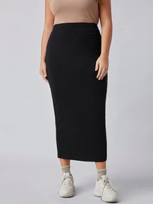 SHEIN BASICS Plus Size Women's Solid Color Casual Versatile Skirt - Black - View 5