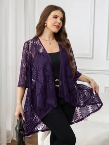 Reflora Plus Size Women Black Lace 3/4 Sleeve Loose Front Coat, Elegant Concert,Spring/Summer In Fall/Winter - Purple - View 4