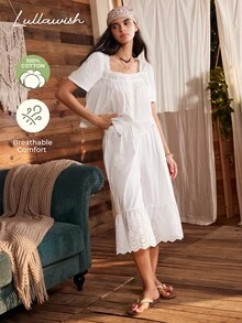 Lullawish Set Piyama Wanita Katun Campuran dengan Bordir Berongga Gaya Bohemian, Renda, Ruffle, Patchwork, Kancing, dan Kerah U. - Putih - View 4