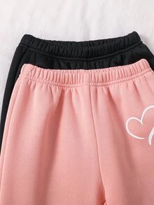 SHEIN 女童小女孩純色愛心圖案連帽秋季運動衫與內搭褲套裝，件 - 彩色 - 查看 6