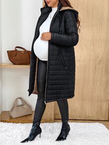SHEIN Maternity Winter Comfortable Pockets Zipper Hooded Padded Coat - Black - View 3