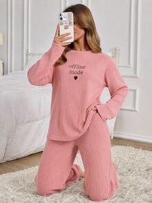 SHEIN Minimal Letter Graphic Ribbed Sleepwear Co-Ord - Pink - View 7