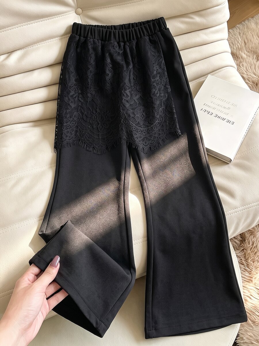 Elladie kids 女童黑色喇叭褲,附可拆式蕾絲包臀裙疊層,鬆緊腰綁帶裝飾,休閒度假喇叭長褲 - 黑色 - 查看 1