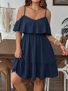 SHEIN VCAY Vestido de moda para mujer talla grande con unicolor, patchwork, volantes y hombros descubiertos - Azul Marino - Ver 5