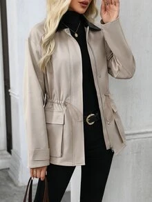 EMERY ROSE Jaket Trench Coat Kasual Serbaguna Motif Blok Warna untuk Wanita, Pakaian Musim Dingin untuk Wanita, Jaket Musim Dingin untuk Wanita - Khaki - View 7