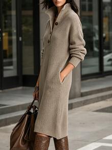 Balvessa Women's Solid Color Drop Shoulder Long Sleeve Button Half-Placket Casual Knit Dress - Camel - View 3