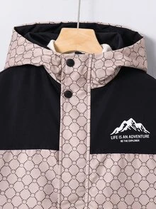 SHEIN 兒童青少年男孩休閒運動復古圖案保暖內裡加厚卡其色連帽夾克外套，黑色保暖內裡夾克，適合秋季、學校、家庭聚會、度假、派對，冬季外套，冬季穿搭 - 彩色 - 查看 2