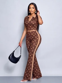 SOLERSUN Two Pieces Set Of Brown Printed Short-Sleeved Polo Shirt And Trousers With Contrasting Color Collar. Going Out Summer Streetwear Graphic - Coffee Brown - View 5
