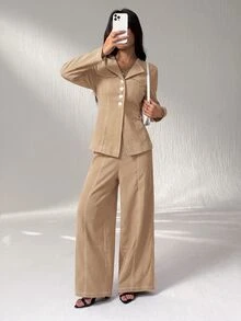 SHEIN PETITE 開襟長袖開襟衫與休閒長褲套裝 - 駝色 - 查看 1