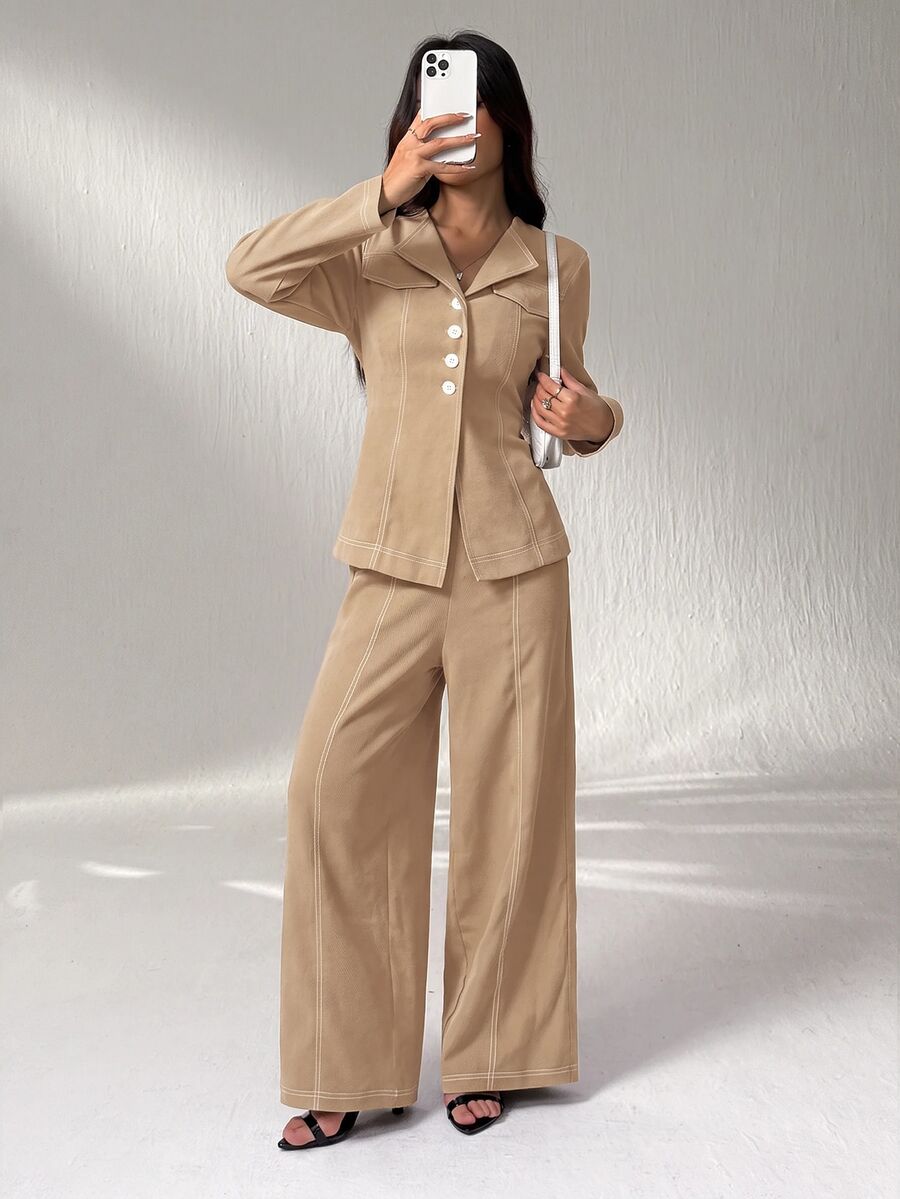 SHEIN PETITE 開襟長袖開襟衫與休閒長褲套裝 - 駝色 - 查看 1