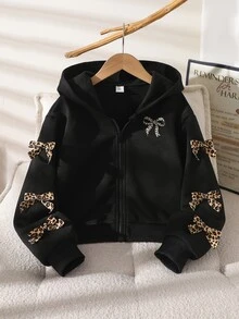 青少年女孩休閒純色蝴蝶結裝飾連帽拉鍊開襟外套，返校秋季款 - 黑色 - 查看 4