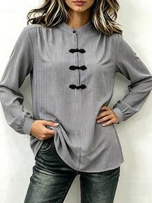 Linhara CURVE Elegant Fashion Stand Collar Striped Vintage Frog Button Shirt Fall - Dark Grey - View 4