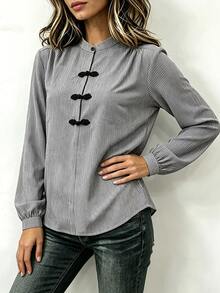 Linhara CURVE Elegant Fashion Stand Collar Striped Vintage Frog Button Shirt Fall - Dark Grey - View 6