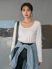 DAZY 女款純色圓領長袖休閒百搭T恤 - 白色 - 查看 4