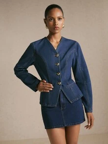 Poéselle Women's Denim Casual V-Neck Top Jacket And Outerwear - Dark Wash - View 3