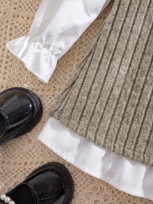 SHEIN Young Girls Autumn/Winter Cute Colorblock Faux Two-Piece White Long Sleeve Dress - 杏色 - 查看 9