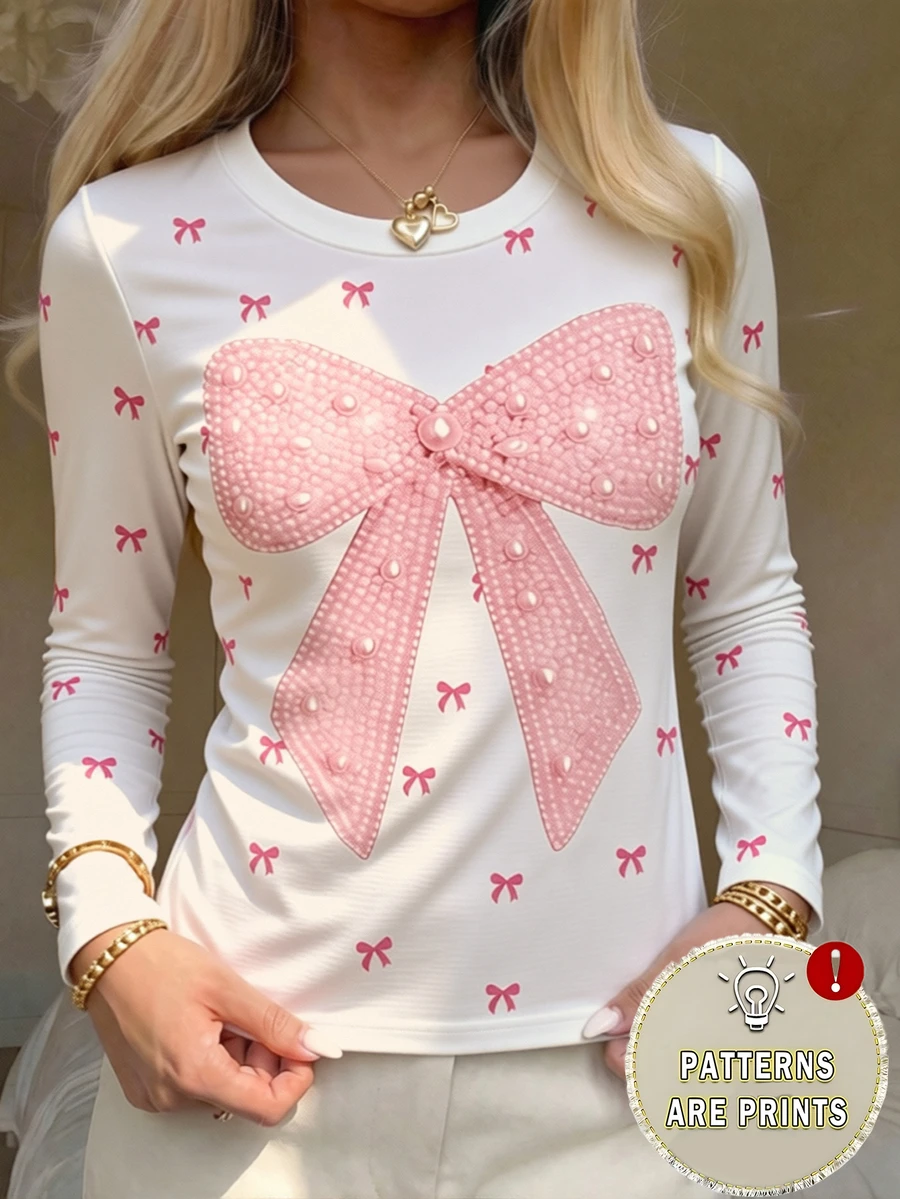Tween Girls' Long Sleeve T-Shirt With Bow Knot All-Over Print, Sweet And Cute Faux Pearl Bow Knot Pattern, Suitable For Autumn And Winter, Perfect For Outdoor And Street Wear - Multicolor - View 1