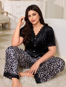 SHEIN Winter Leopard Print Long Pants And Solid Color Top Pajama 2 Pieces Set - Black - View 1