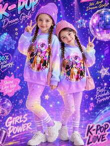 青少年女孩2件套，紫色繽紛紮染印花，星星與鑽石夢幻印花圖案，圓領休閒落肩衛衣與修身緊身褲 - 彩色 - 查看 2