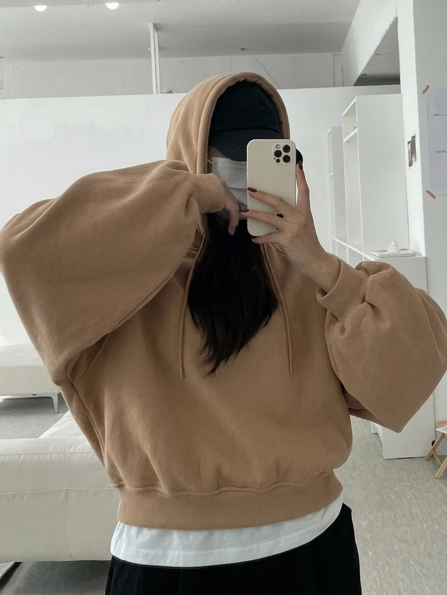 DAZY Women's Solid Color Hooded Ultra Loose Short Sweatshirt - Brown - View 1