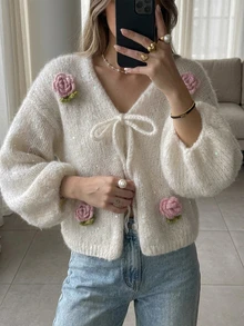 Livesso Women's Sweet Sequin 3D Flower Decor Knitted Cardigan Fall - White - View 4