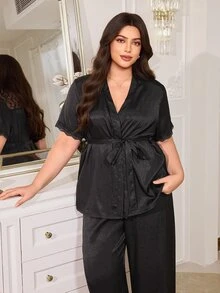 MuseNap CURVE Sexy Lace Patchwork Satin Loungewear, Exquisite V-Neck Tie-Up Slim Fit Plus Size 2-Piece Pajama Set - Black - View 5