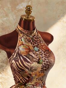 Amplova Women's Sexy Animal Print Ruffle Backless Halter Neck Mini Dress, Summer - Brown - View 5