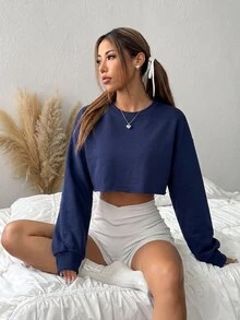 SHEIN EZwear 女款純色百搭短版長袖運動衫，適合日常穿著 - 藏蓝色 - 查看 4