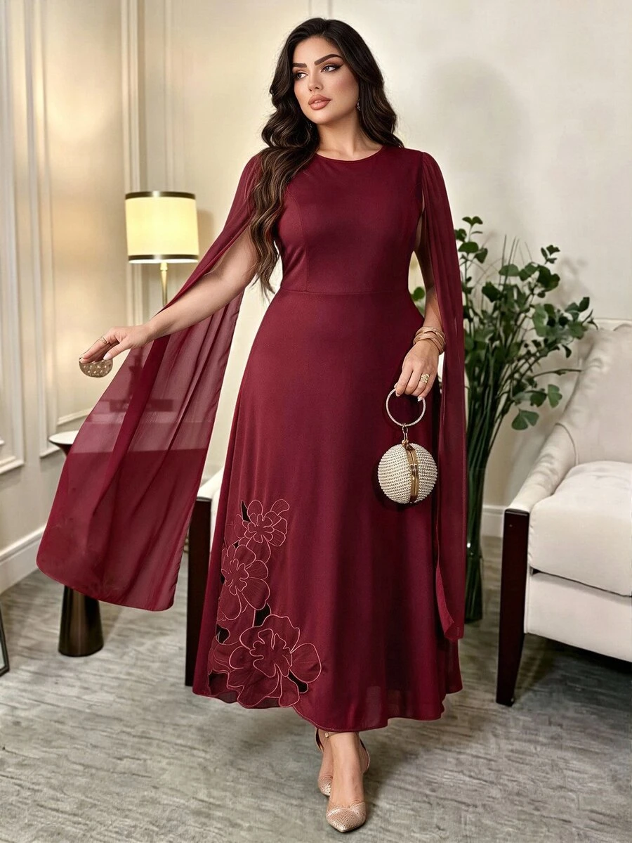 Modelyn Women's Plus Size Elegant Party Cape Sleeve Floral Embroidered Dress