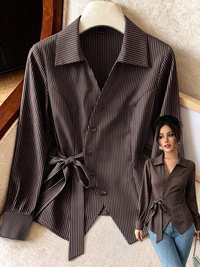 Selianne Women's Autumn/Winter Asymmetrical Hem Coffee Brown Striped Collared Long Sleeve Side Tie Shirt, Waist-Flattering Bowknot Blouse