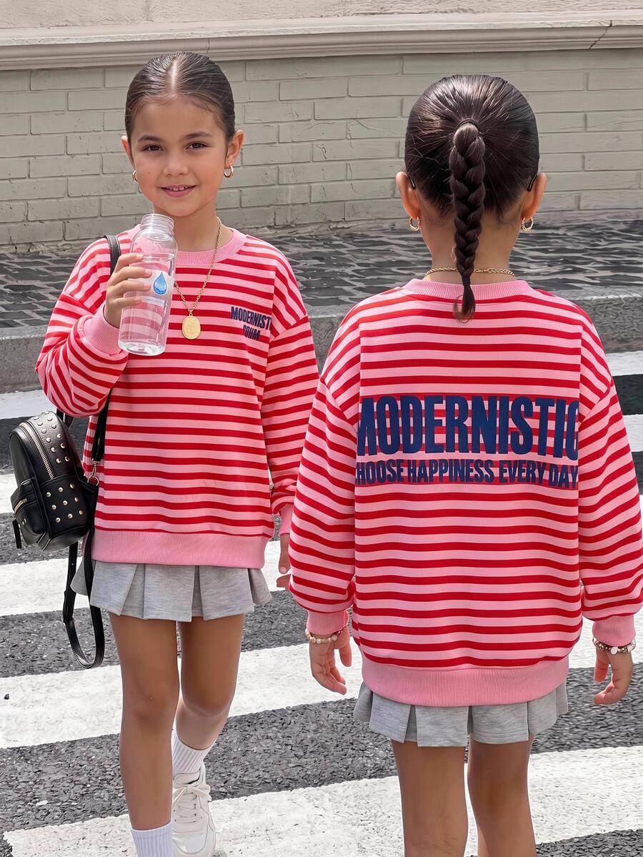 青少年女孩衛衣,秋冬可愛抓絨內裡粉色條紋字母印花長袖套頭衫,適合返校時尚 - 粉色 - 查看 1