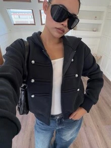 DAZY 女款保暖內裡雙排扣長袖連帽運動衫 - 藏蓝色 - 查看 1