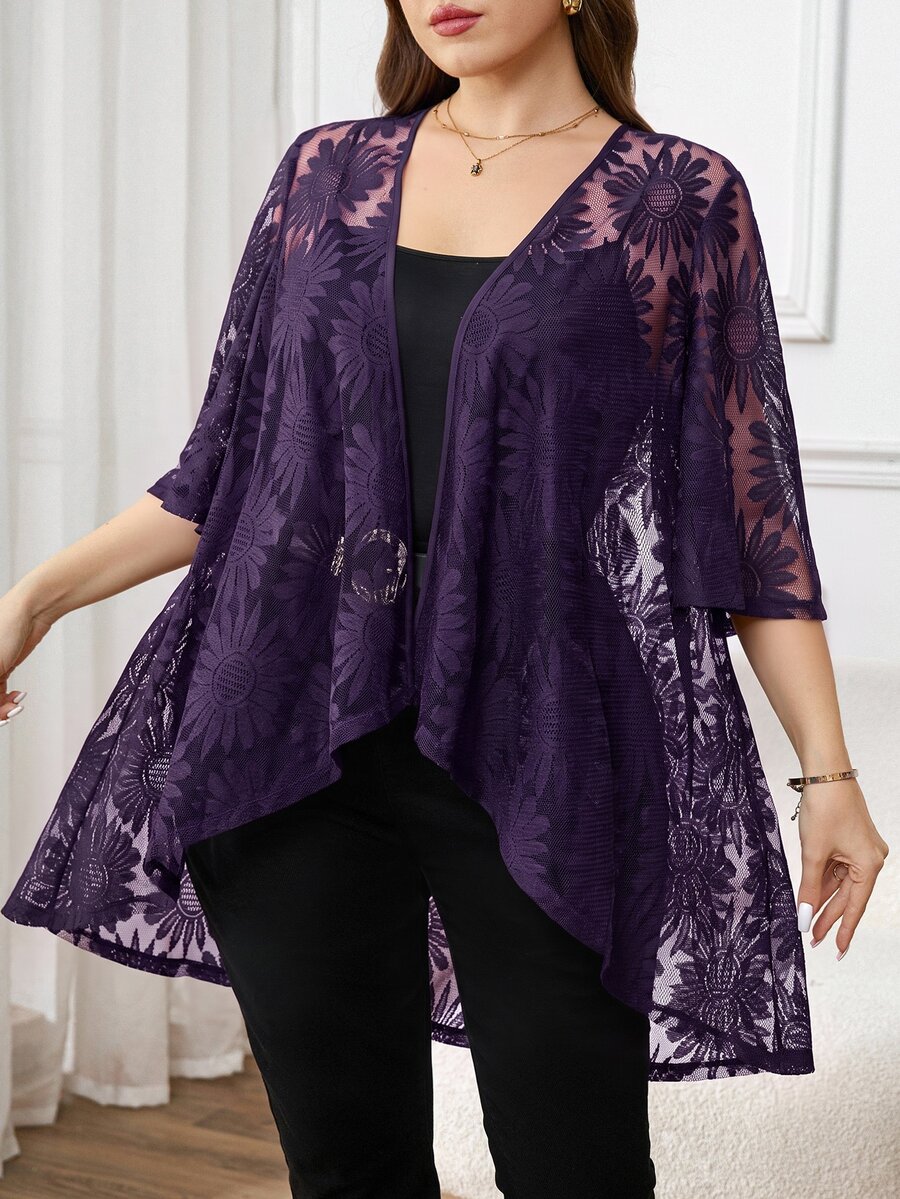 Reflora Plus Size Women Black Lace 3/4 Sleeve Loose Front Coat, Elegant Concert,Spring/Summer In Fall/Winter - Purple - View 1