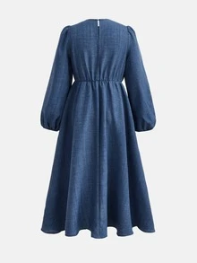 SHEIN 青少年女孩時尚通勤藍色長袖休閒洋裝，立領燈籠袖A字下擺洋裝，丹寧效果梭織洋裝，適合秋季時尚穿搭、返校穿搭、冬季衣著、正式場合、畢業派對 - 藍色 - 查看 2