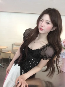 DAZY 女款夏季 2 合 1 荷葉邊蝴蝶結肩帶短袖 T 恤 - 黑色 - 查看 7