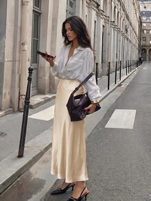 Firerie Elegant Commute Solid Color Satin Long Skirt - Apricot - View 9