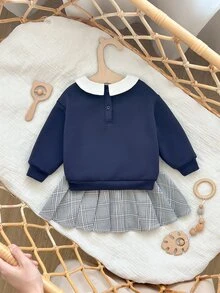 Cozy Pixies 女嬰可愛卡通復古熊灰色與白色格紋秋季校服復古字母圖案領口長袖洋裝套裝 - 彩色 - 查看 6