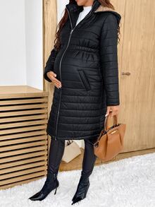 SHEIN Maternity Winter Comfortable Pockets Zipper Hooded Padded Coat - Black - View 4